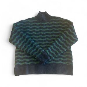 Time and Tru Navy and Teal Wave Pattern Turtleneck Sweater